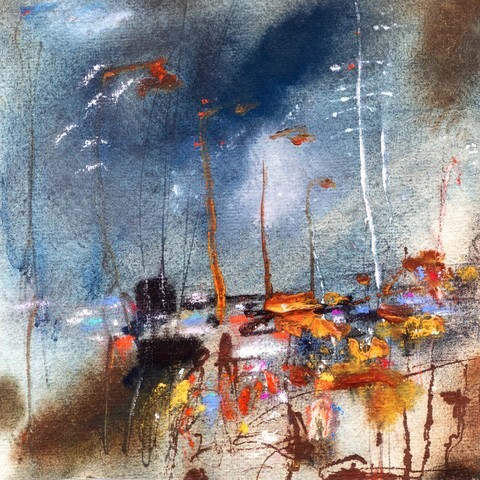 Boats in the harbor, abstract painting on handmade paper